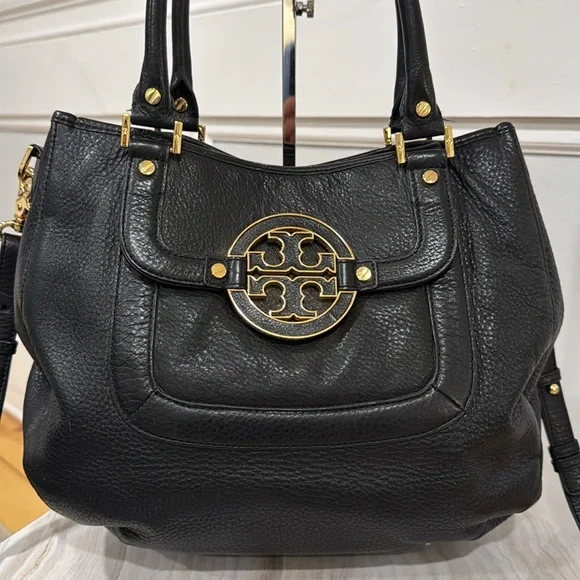 Tory Burch Bag Black and Gold Pebbled Leather Shoulder Bag with Strap - Picture 4 of 17
